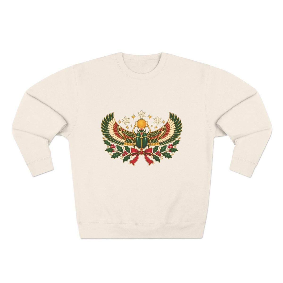 Egyptian Scarab Holiday Sweatshirt — Festive Scarab & Wreath Crewneck Printify