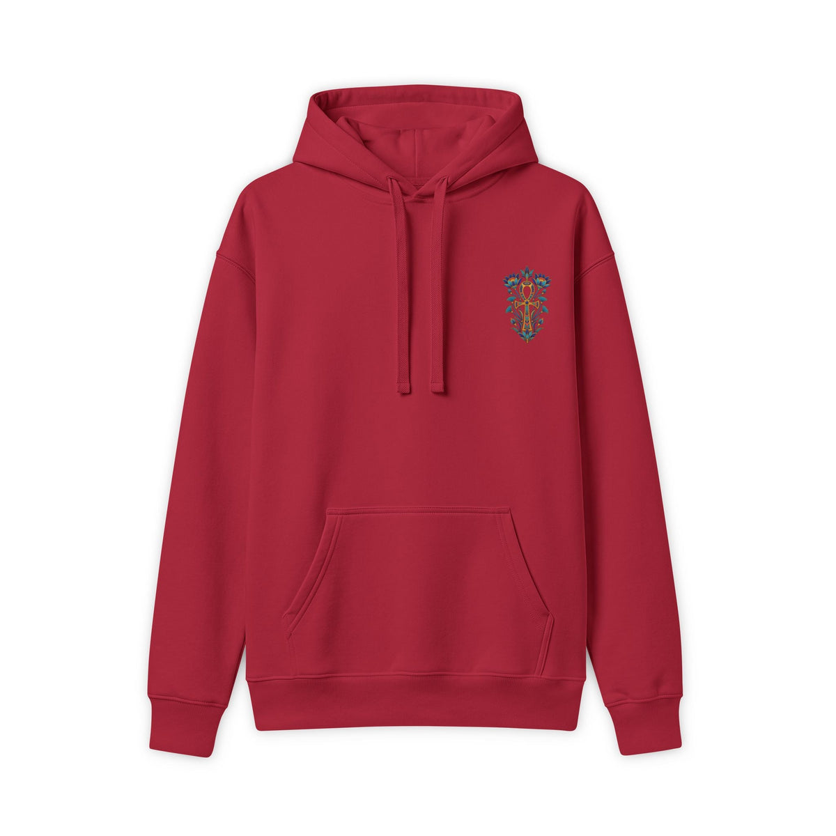 Hoodie with colorful Egyptian lotus and ankh chest artwork