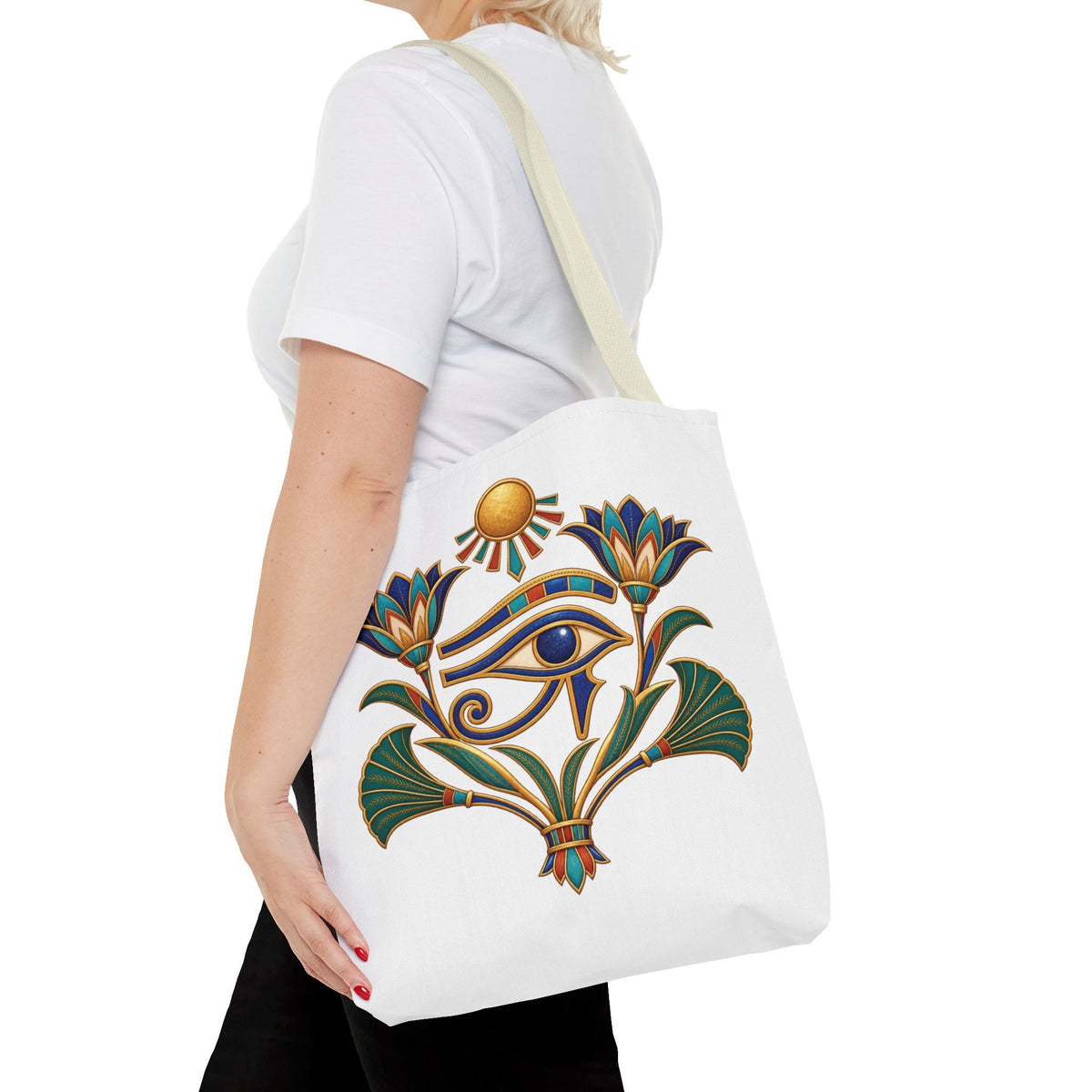 Eye of Horus and lotus Egyptian heritage all-over print tote bag