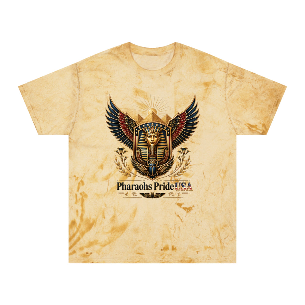 Pharaohs Pride USA winged pharaoh color blast t-shirt with patriotic red white and blue design on stone background