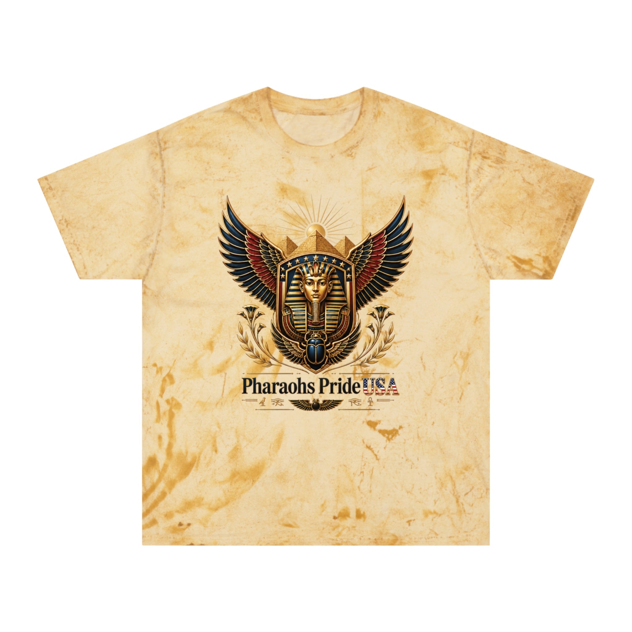 Pharaohs Pride USA winged pharaoh color blast t-shirt with patriotic red white and blue design on stone background