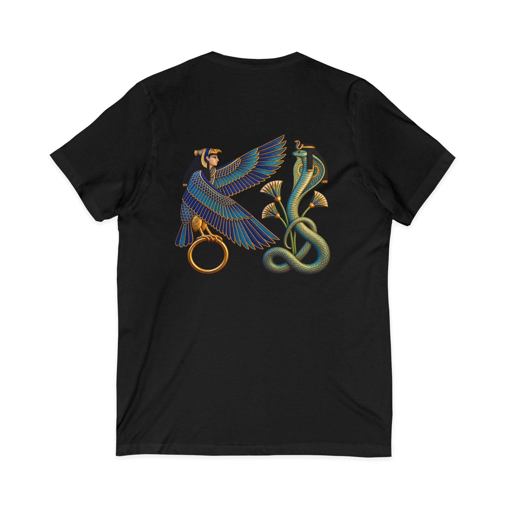 V-neck T-shirt with Egyptian winged figure and cobra artwork