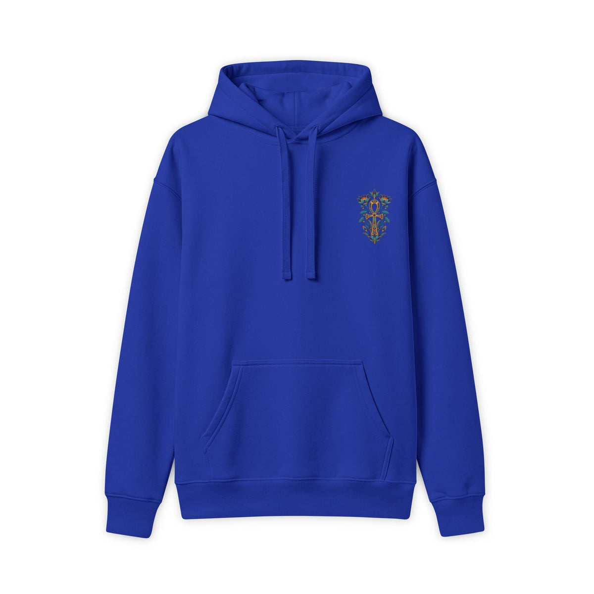Hoodie with colorful Egyptian lotus and ankh chest artwork