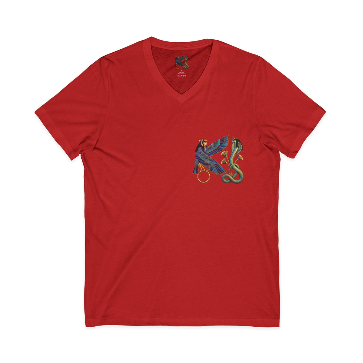 V-neck T-shirt with Egyptian winged figure and cobra artwork