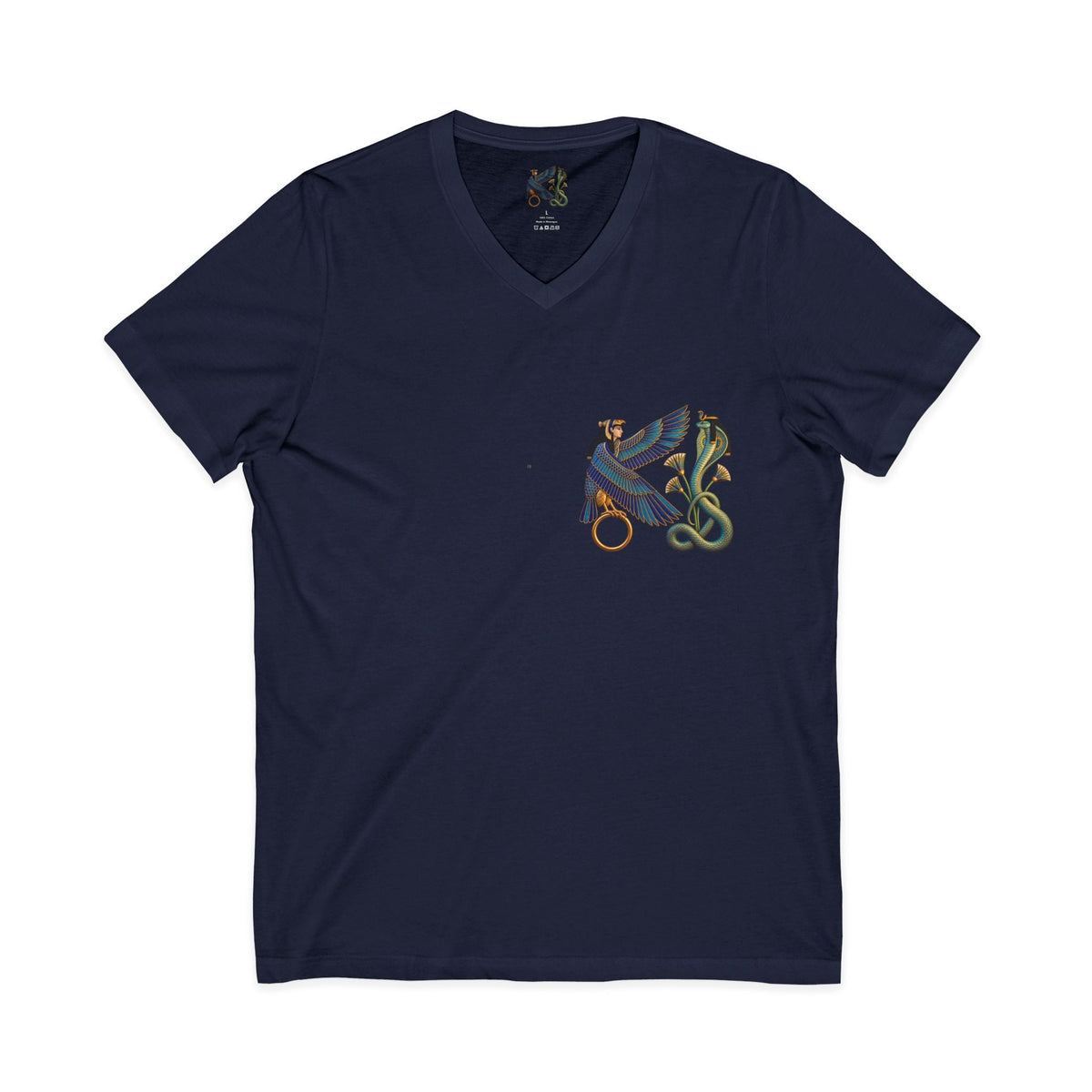 V-neck T-shirt with Egyptian winged figure and cobra artwork