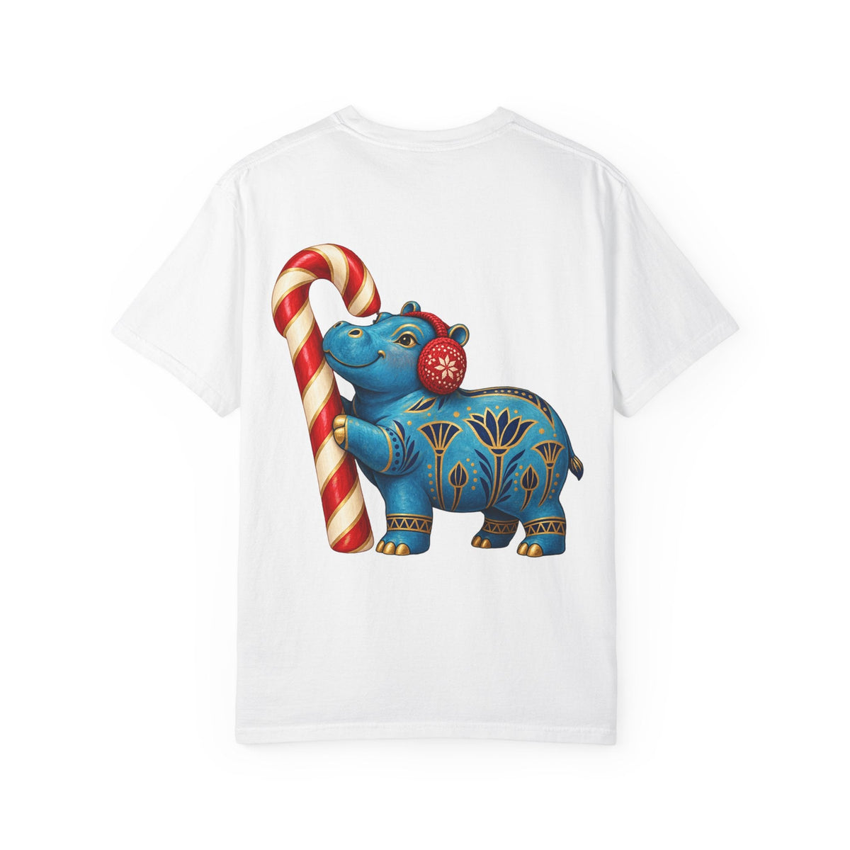 Blue Egyptian Hippo Christmas T-Shirt — Candy Cane Holiday Printify