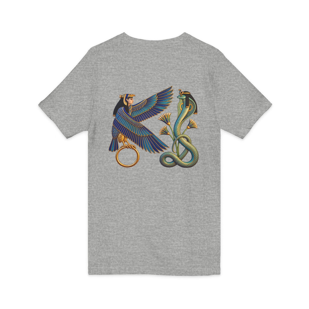 V-neck T-shirt with Egyptian winged figure and cobra artwork