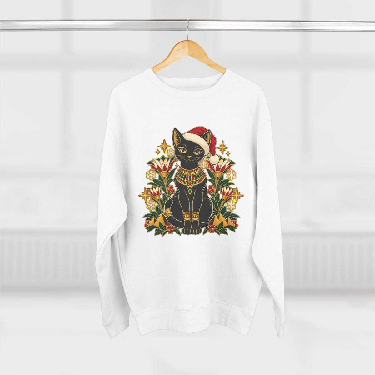Christmas Black Cat Crewneck Sweatshirt – Festive Egyptian Cat Holiday Pullover Printify