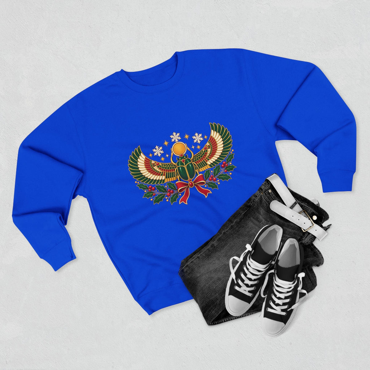 Egyptian Scarab Holiday Sweatshirt — Festive Scarab & Wreath Crewneck Printify