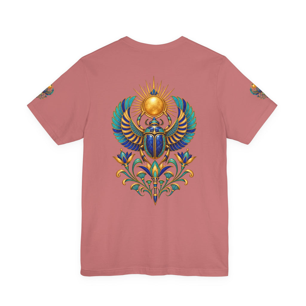 Scarabs & Sun Egyptian Scarab T-Shirt — Golden Sunback Graphic Tee Printify