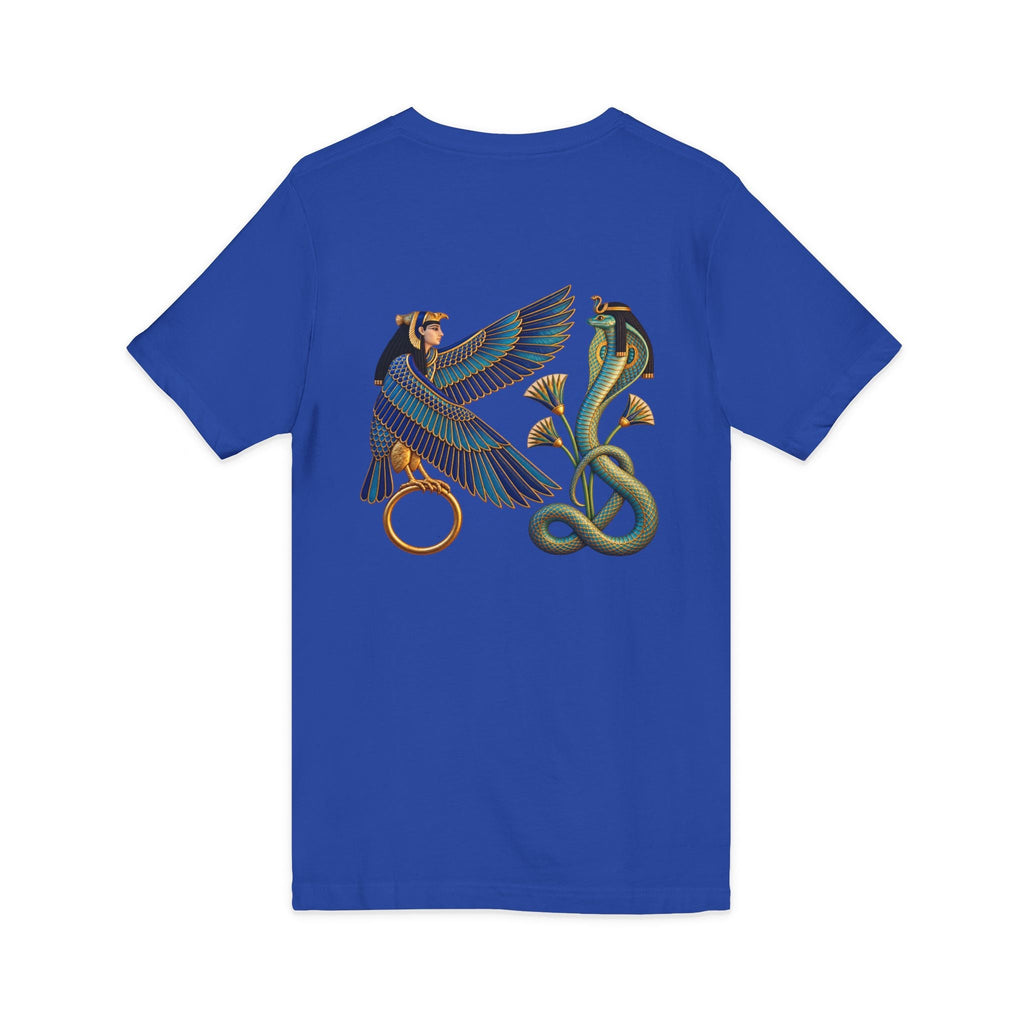 V-neck T-shirt with Egyptian winged figure and cobra artwork