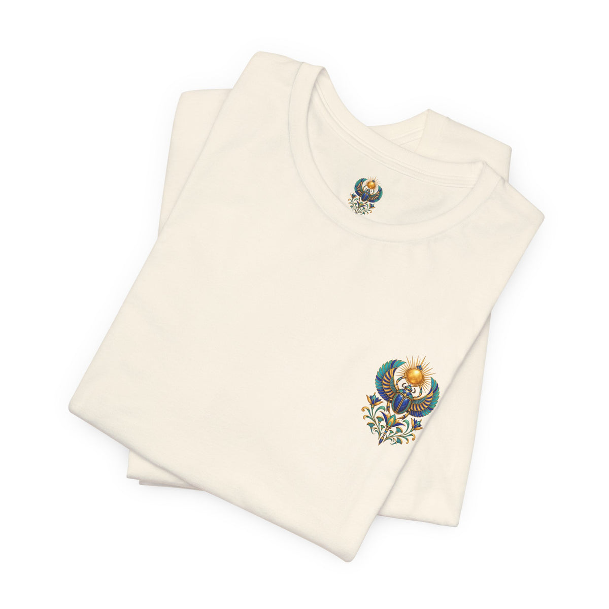 Scarabs & Sun Egyptian Scarab T-Shirt — Golden Sunback Graphic Tee Printify