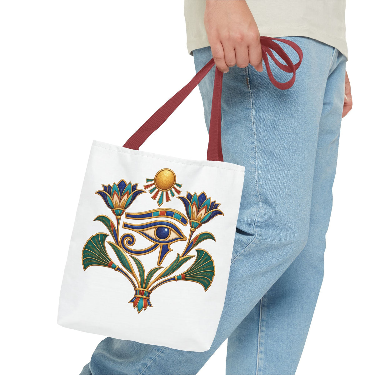 Eye of Horus and lotus Egyptian heritage all-over print tote bag