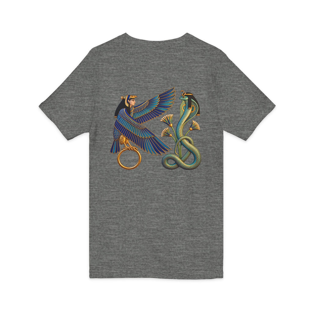 V-neck T-shirt with Egyptian winged figure and cobra artwork