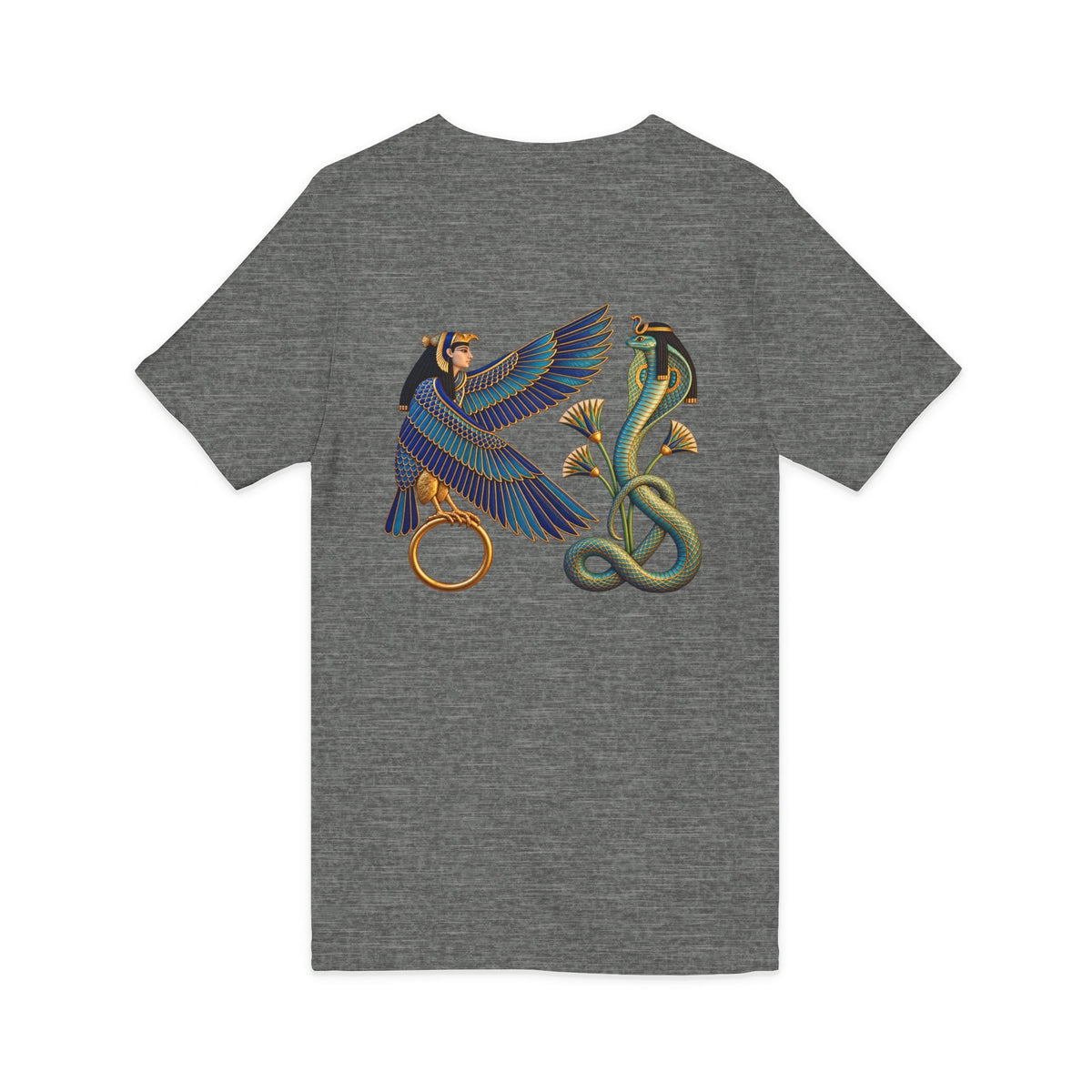 V-neck T-shirt with Egyptian winged figure and cobra artwork