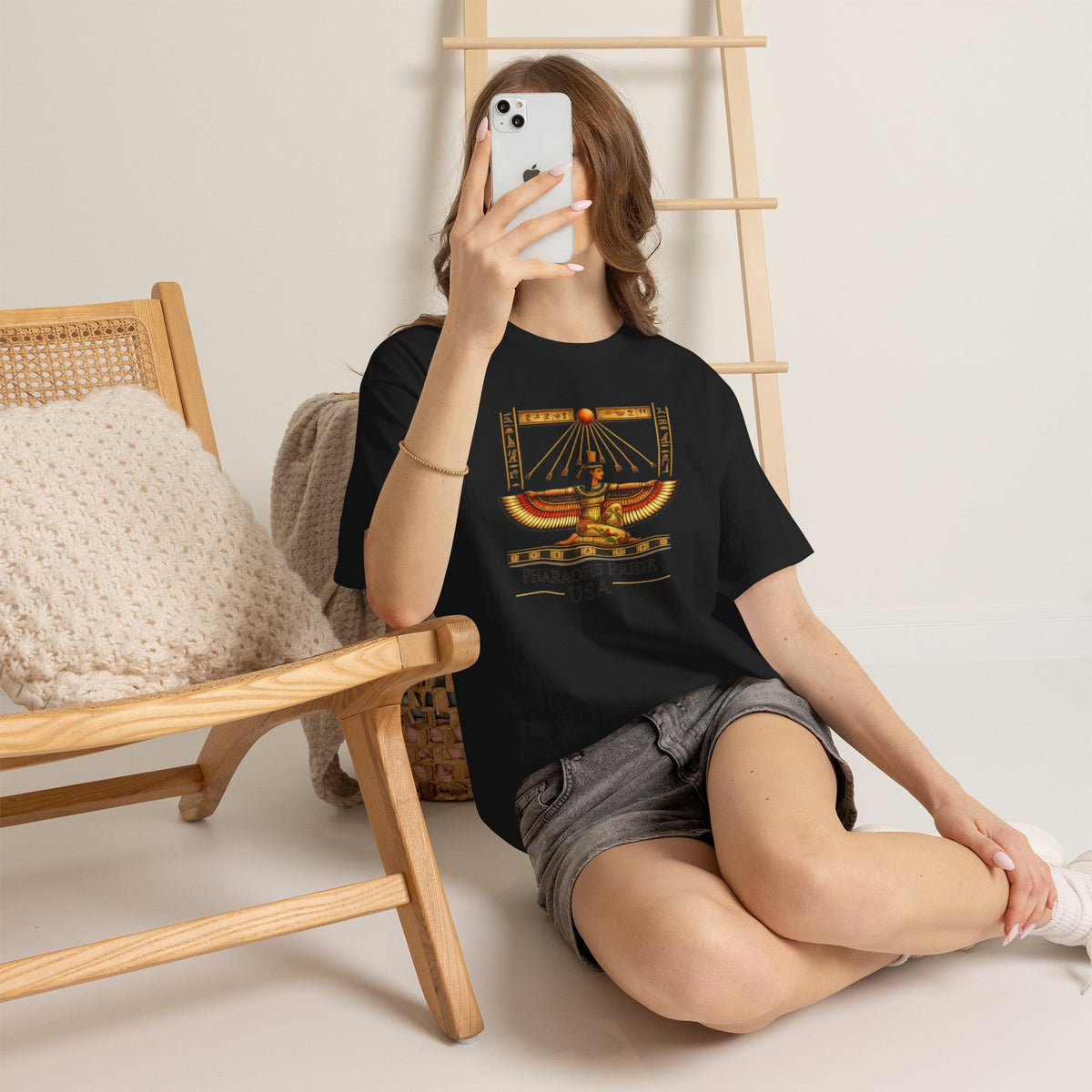 Egyptian heritage papyrus-style graphic T-shirt with hieroglyphic-inspired artwork