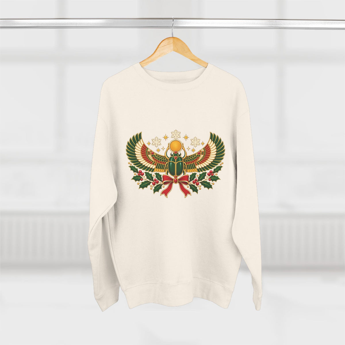 Egyptian Scarab Holiday Sweatshirt — Festive Scarab & Wreath Crewneck Printify
