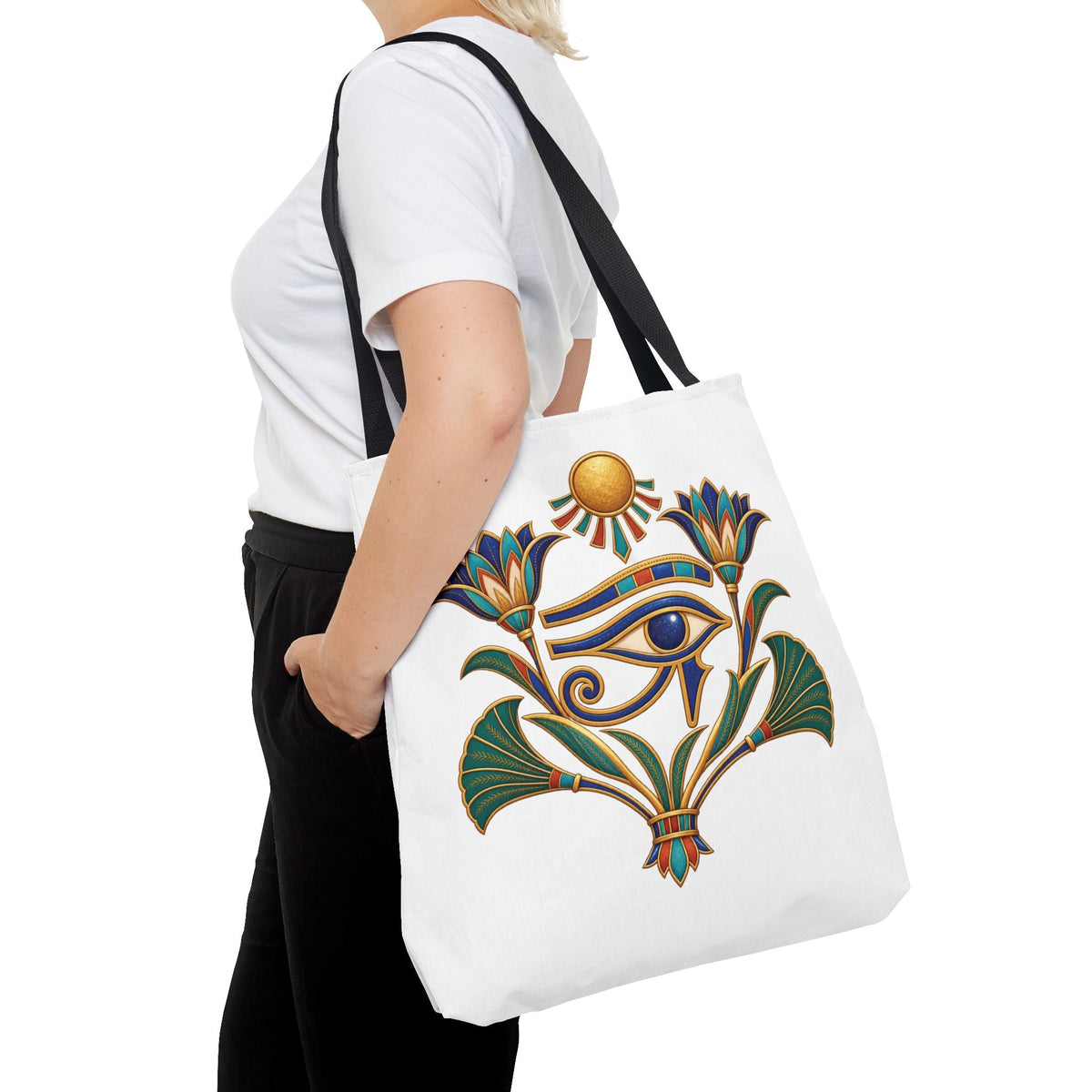 Eye of Horus and lotus Egyptian heritage all-over print tote bag