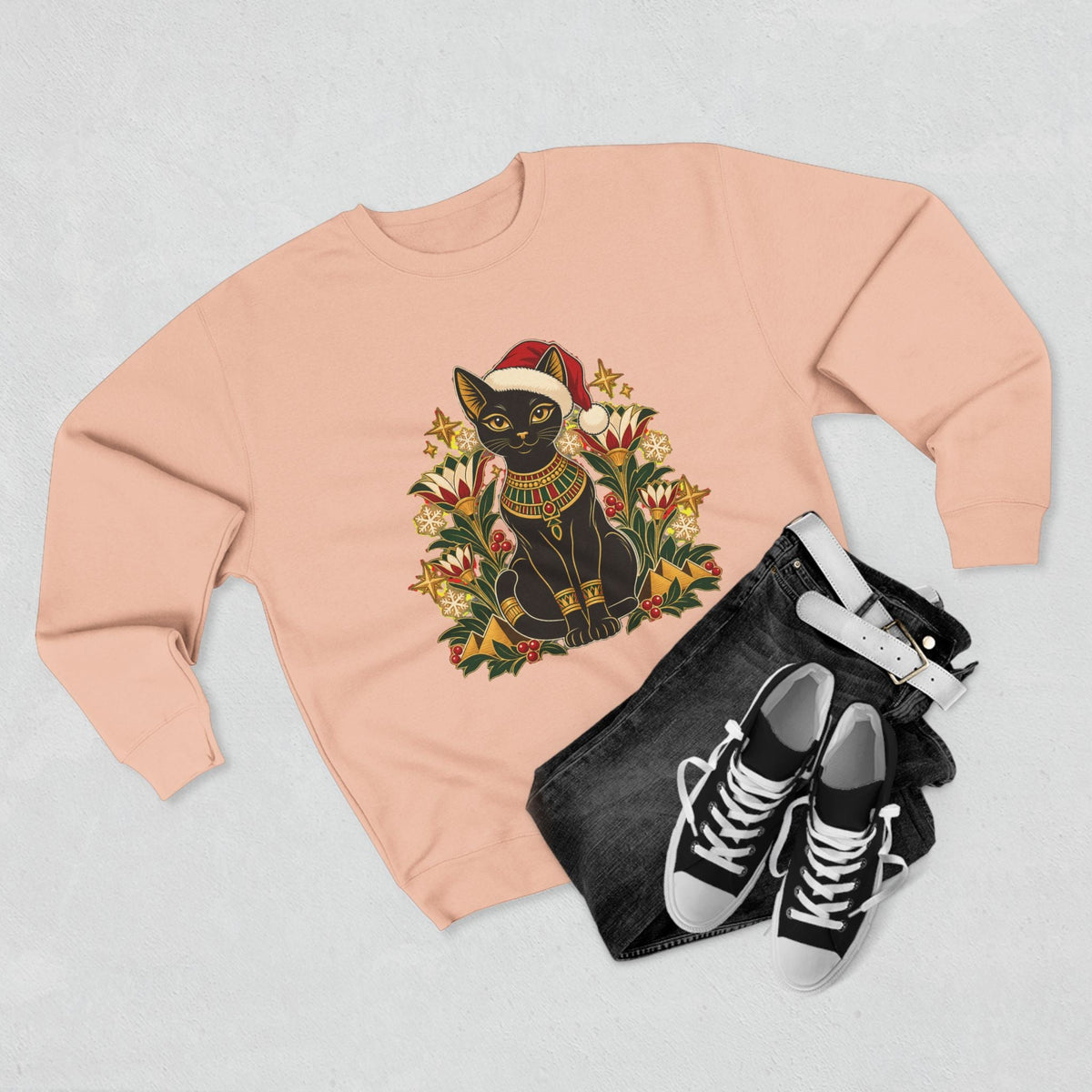 Christmas Black Cat Crewneck Sweatshirt – Festive Egyptian Cat Holiday Pullover Printify