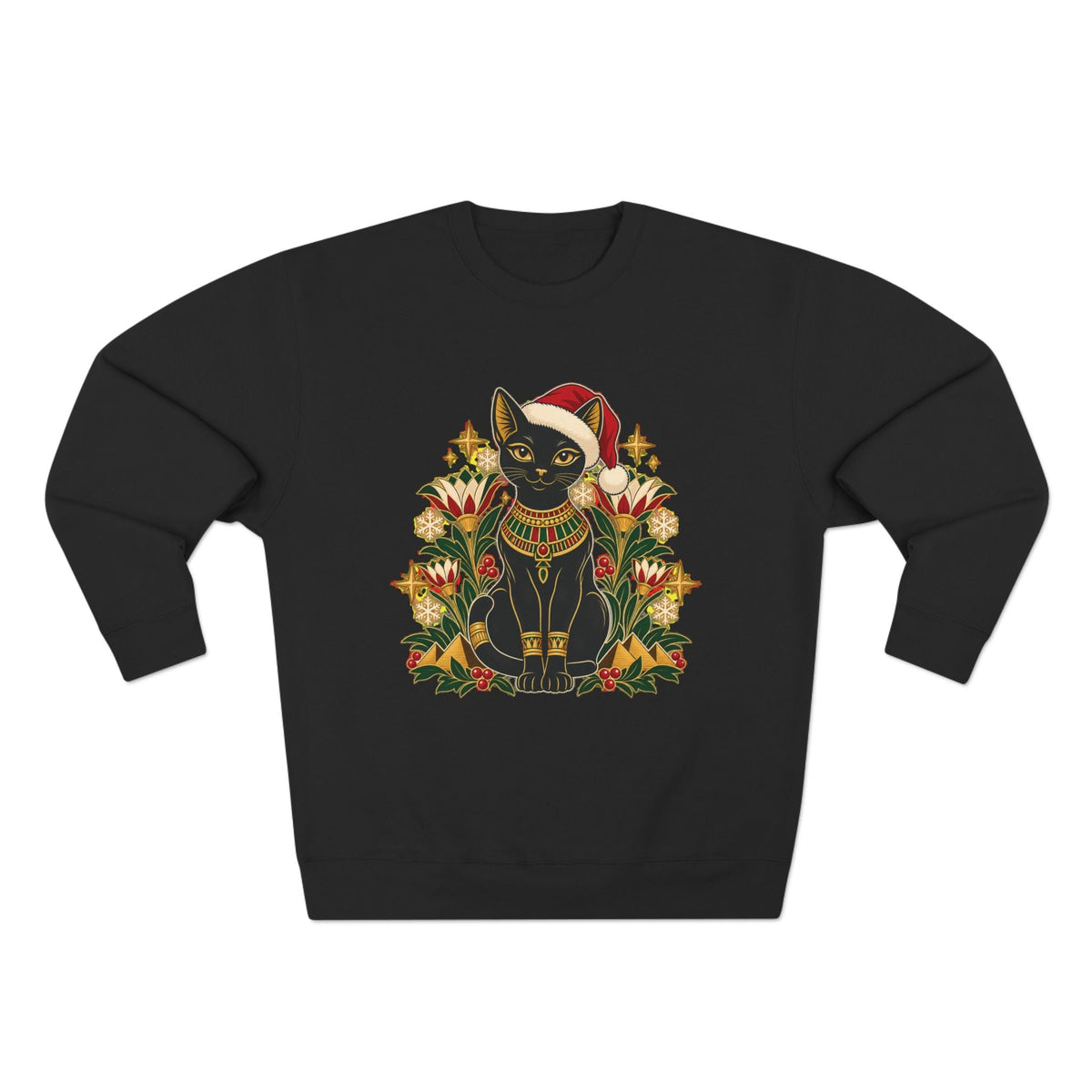 Christmas Black Cat Crewneck Sweatshirt – Festive Egyptian Cat Holiday Pullover Printify