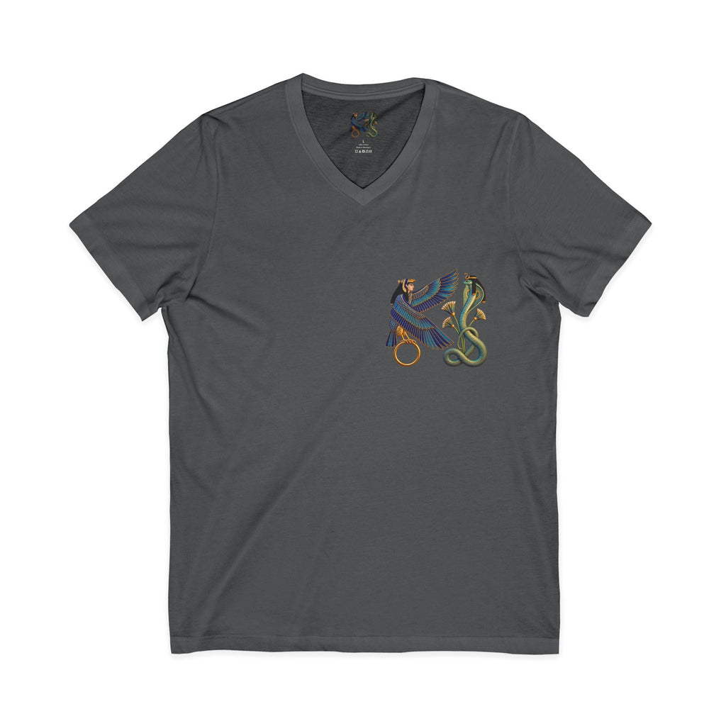 V-neck T-shirt with Egyptian winged figure and cobra artwork