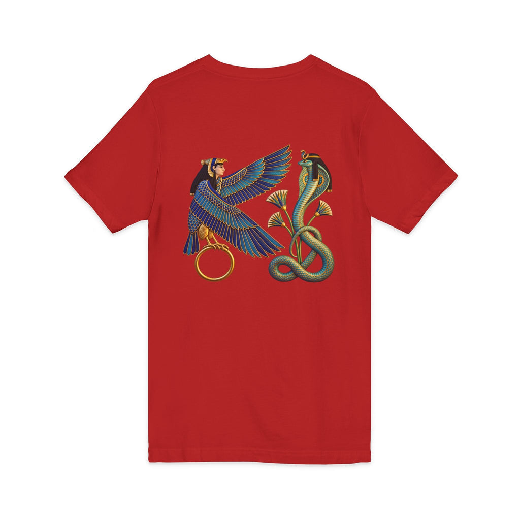V-neck T-shirt with Egyptian winged figure and cobra artwork