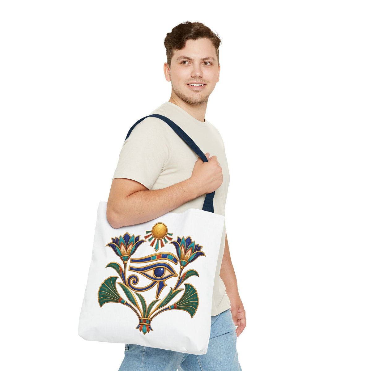 Eye of Horus and lotus Egyptian heritage all-over print tote bag