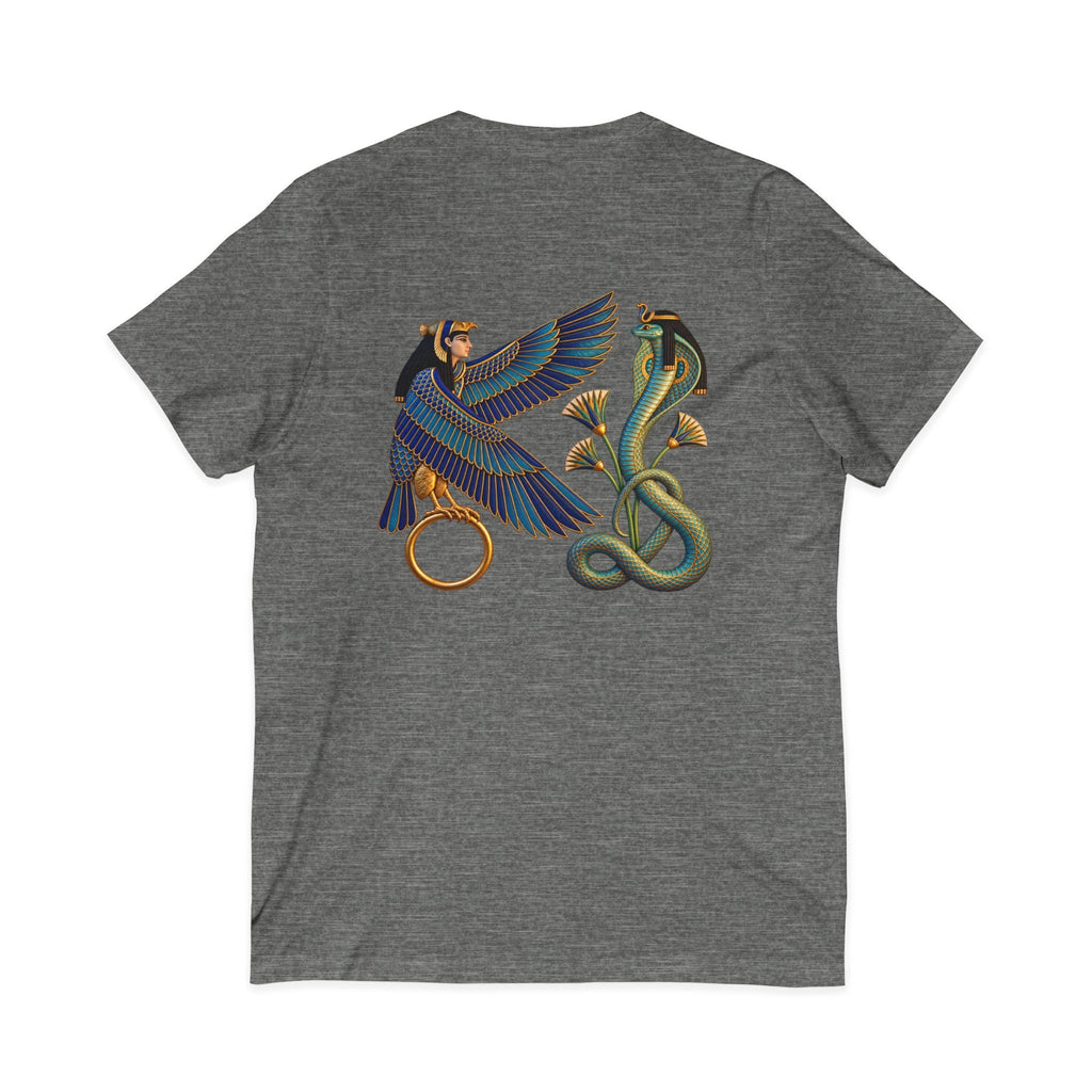 V-neck T-shirt with Egyptian winged figure and cobra artwork