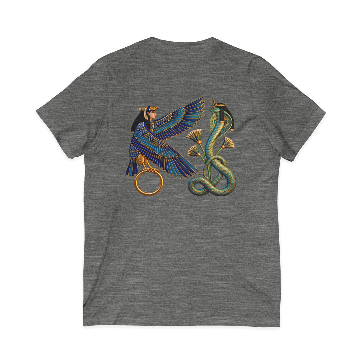 V-neck T-shirt with Egyptian winged figure and cobra artwork