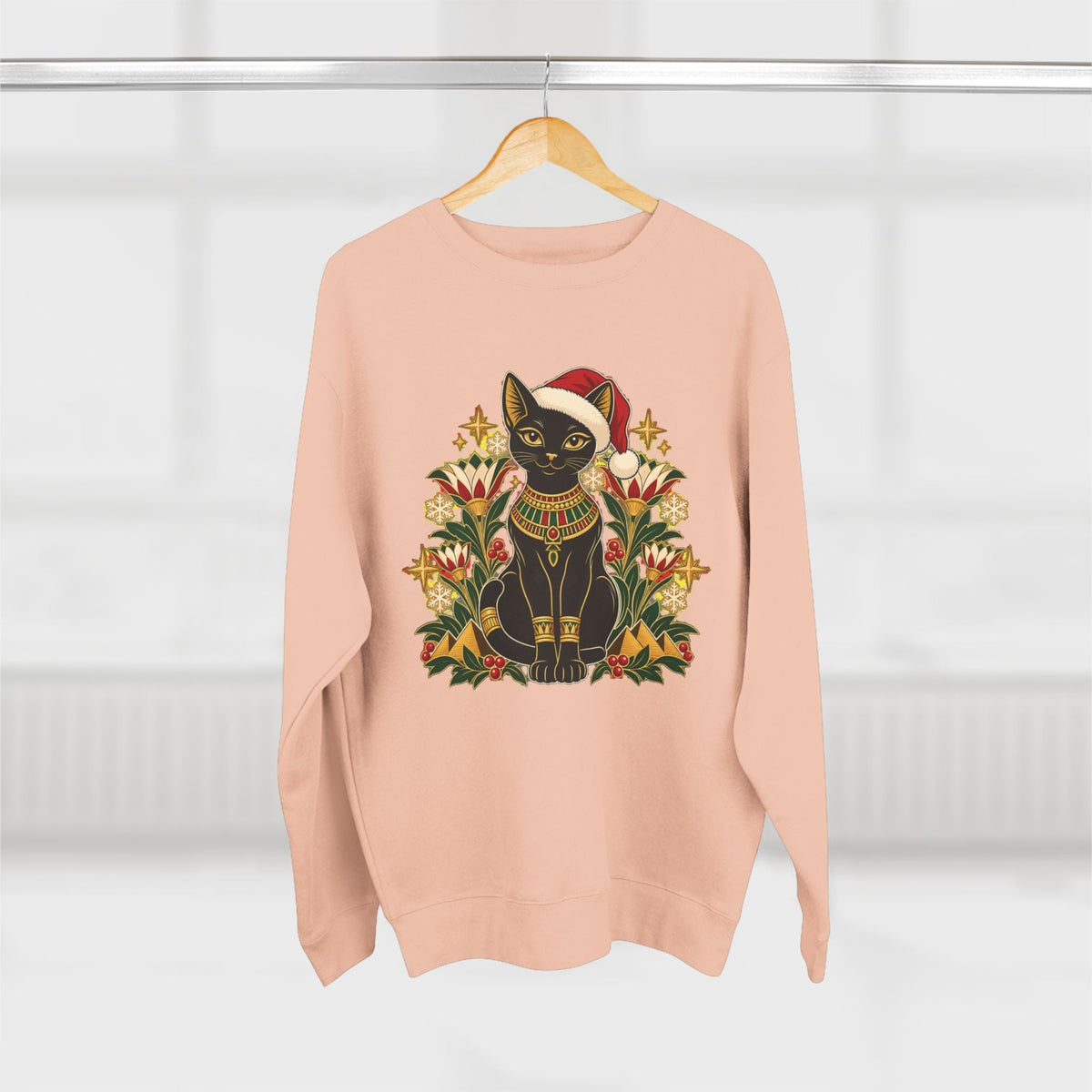 Christmas Black Cat Crewneck Sweatshirt – Festive Egyptian Cat Holiday Pullover Printify