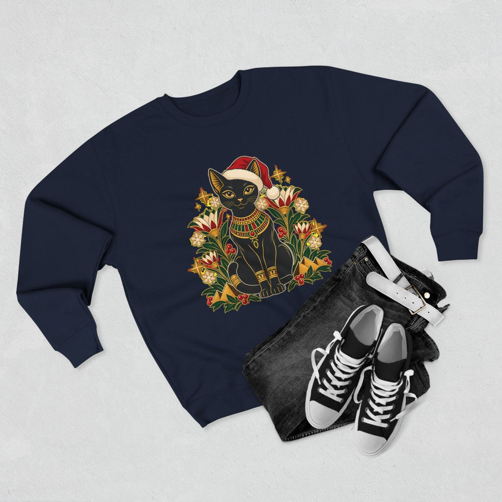 Christmas Black Cat Crewneck Sweatshirt – Festive Egyptian Cat Holiday Pullover Printify