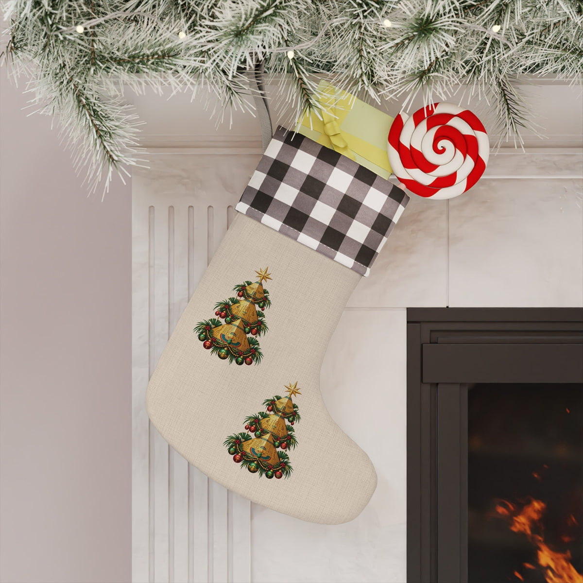 Vintage Christmas Tree Christmas Stocking, Red Buffalo Plaid Cuff Printify