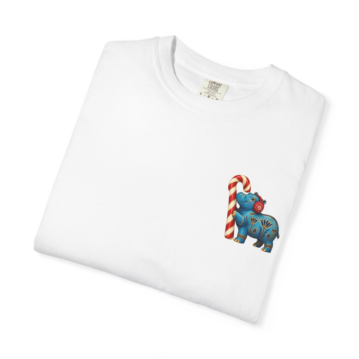 Blue Egyptian Hippo Christmas T-Shirt — Candy Cane Holiday Printify