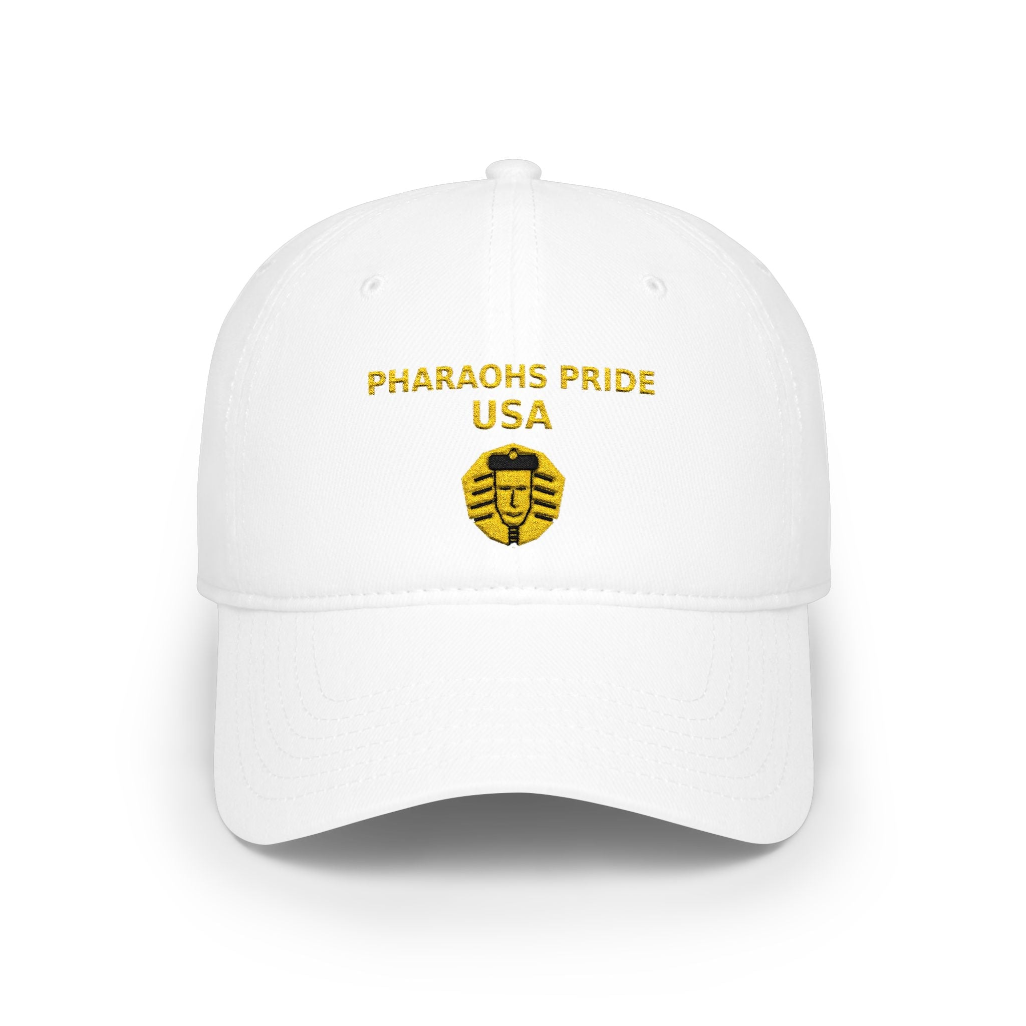 Pharaohs Pride USA embroidered low profile baseball cap with ancient Egyptian pharaoh emblem on cotton twill