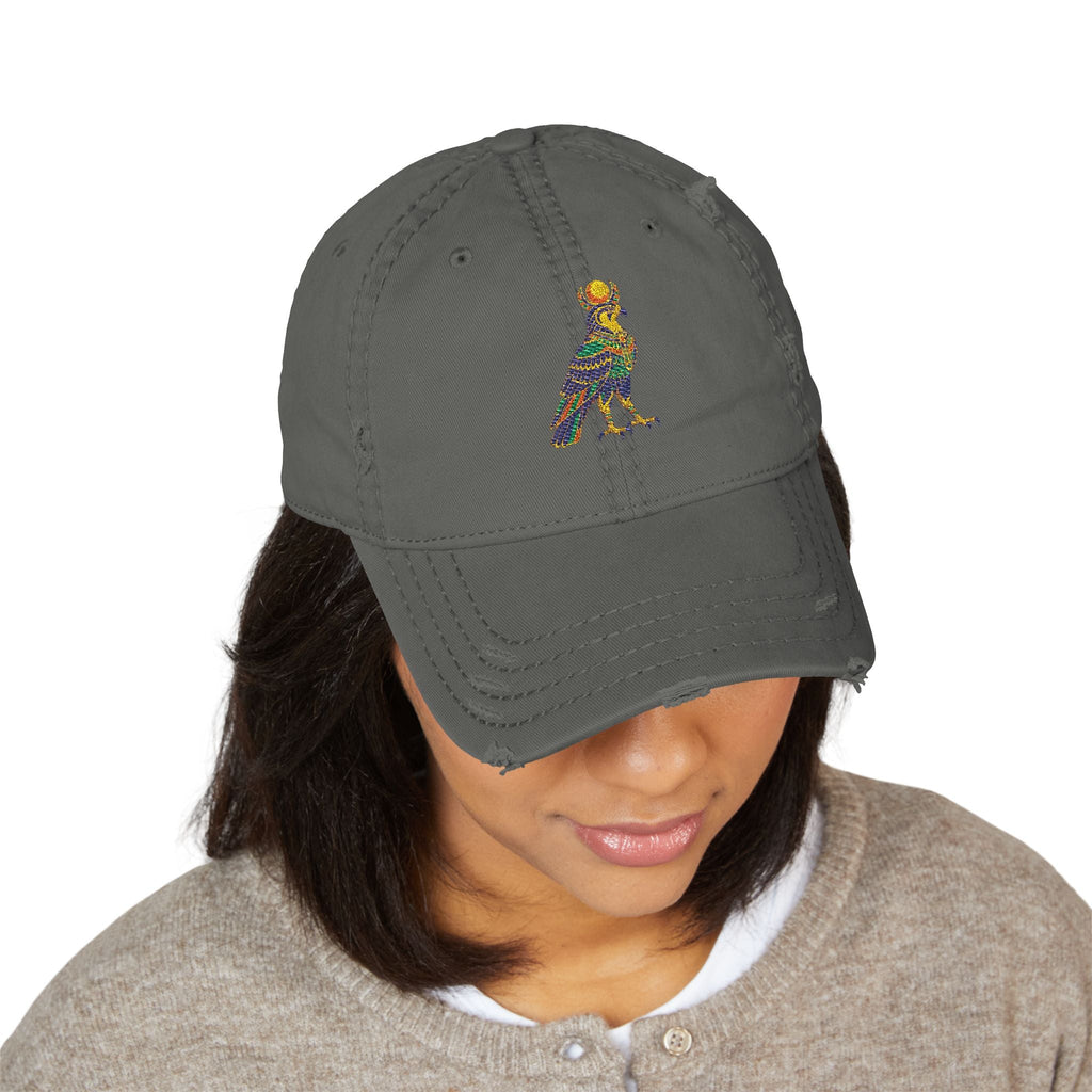 Distressed dad hat with Egyptian falcon and sun disk embroidery