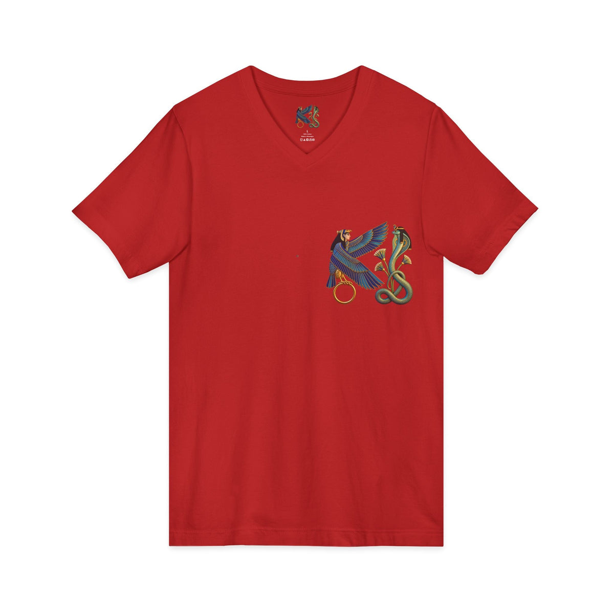 V-neck T-shirt with Egyptian winged figure and cobra artwork