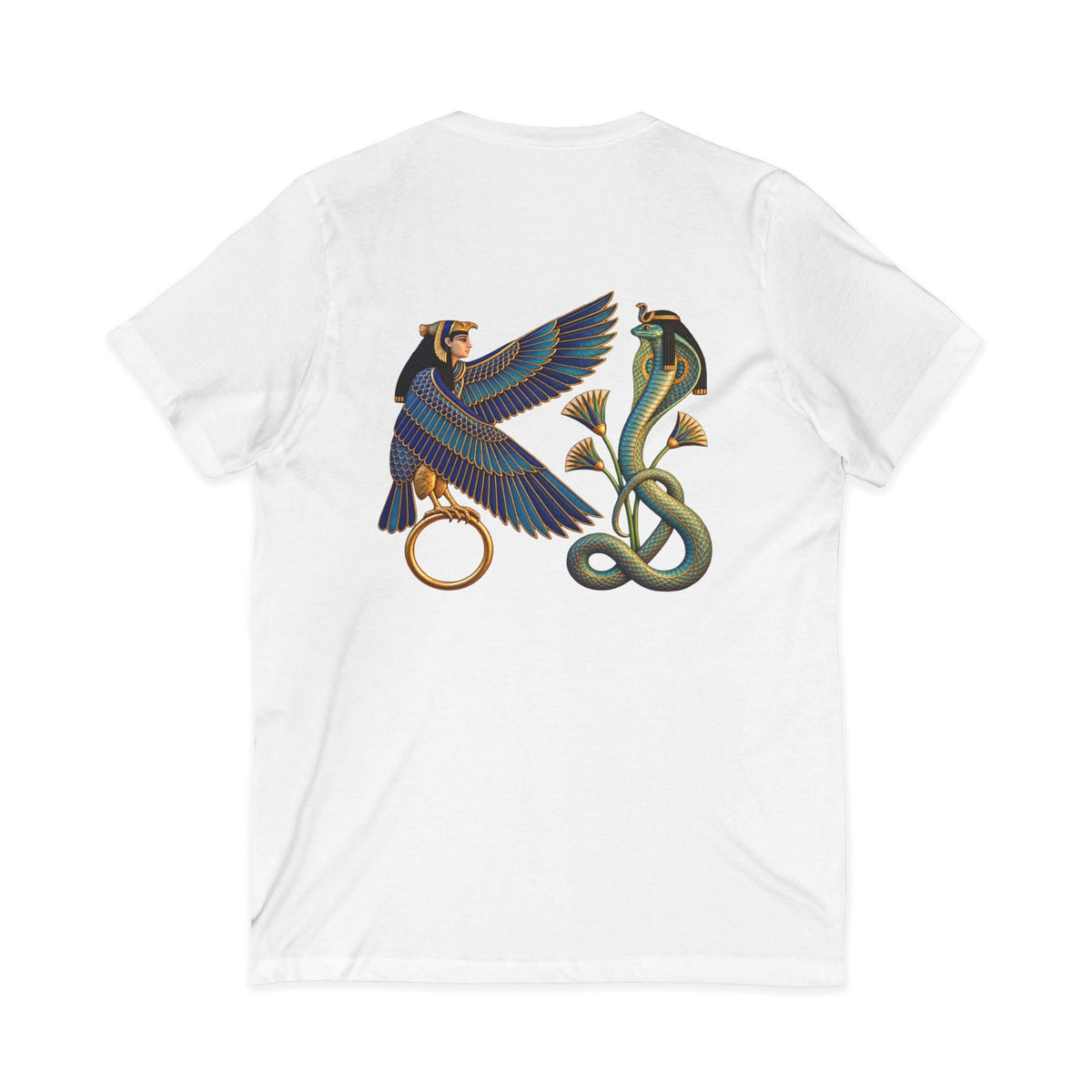 V-neck T-shirt with Egyptian winged figure and cobra artwork