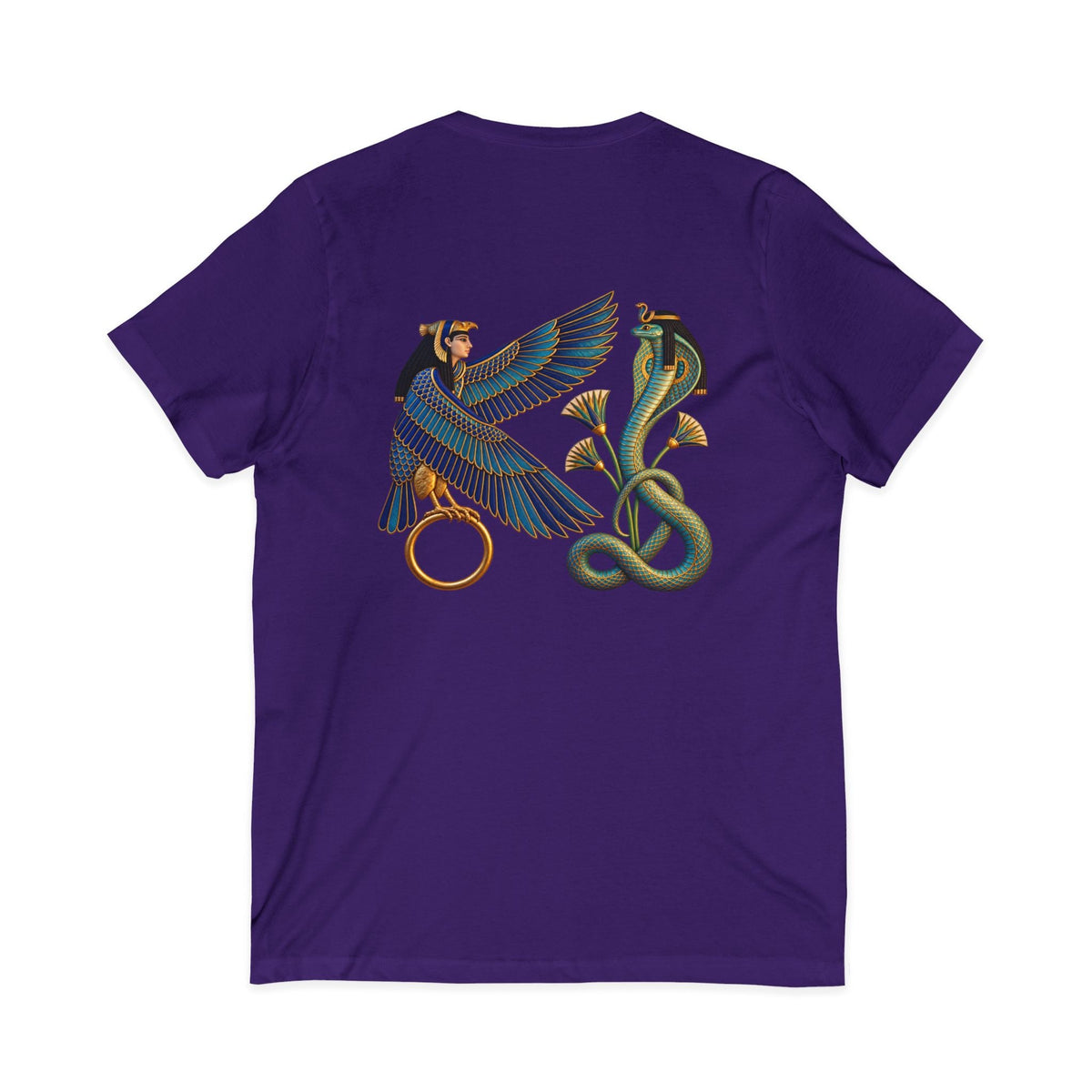 V-neck T-shirt with Egyptian winged figure and cobra artwork