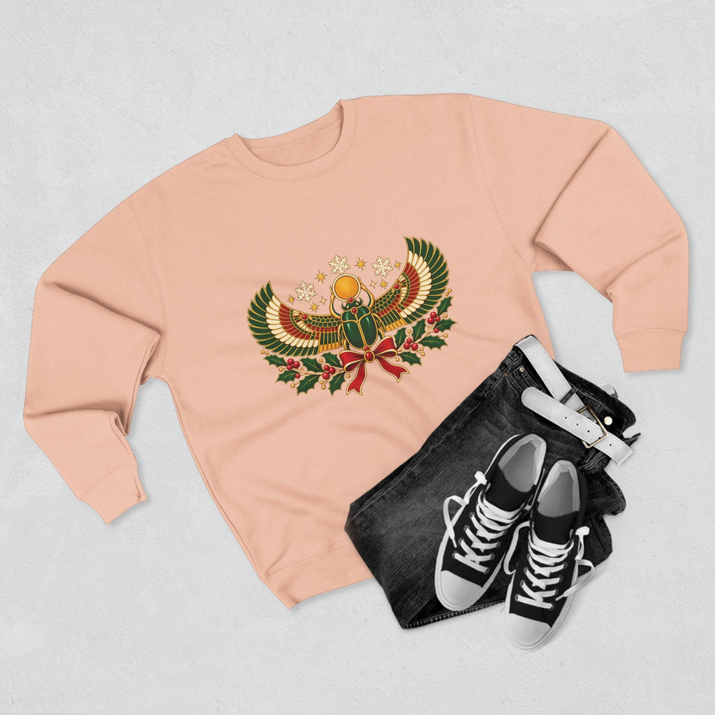 Egyptian Scarab Holiday Sweatshirt — Festive Scarab & Wreath Crewneck Printify