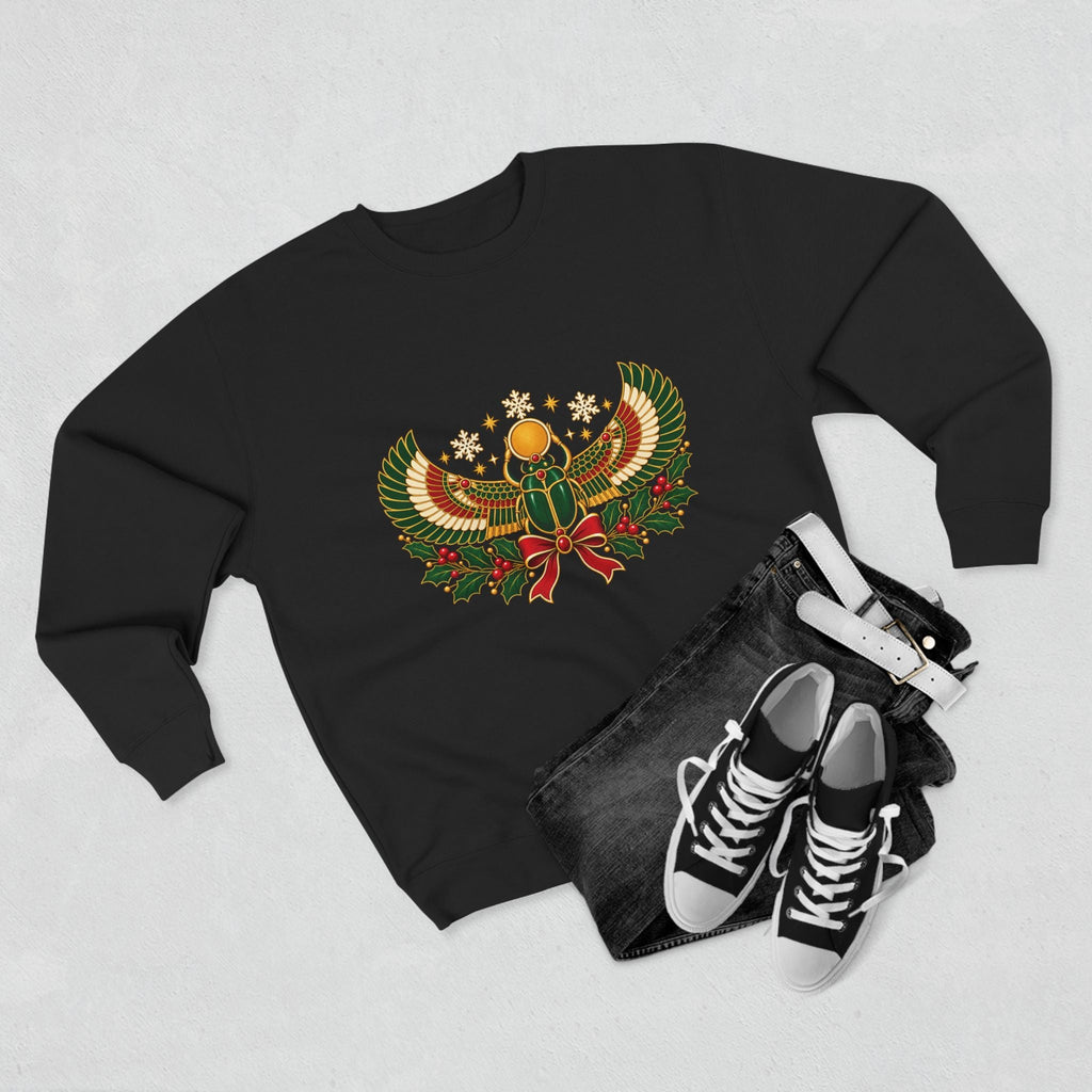 Egyptian Scarab Holiday Sweatshirt — Festive Scarab & Wreath Crewneck Printify
