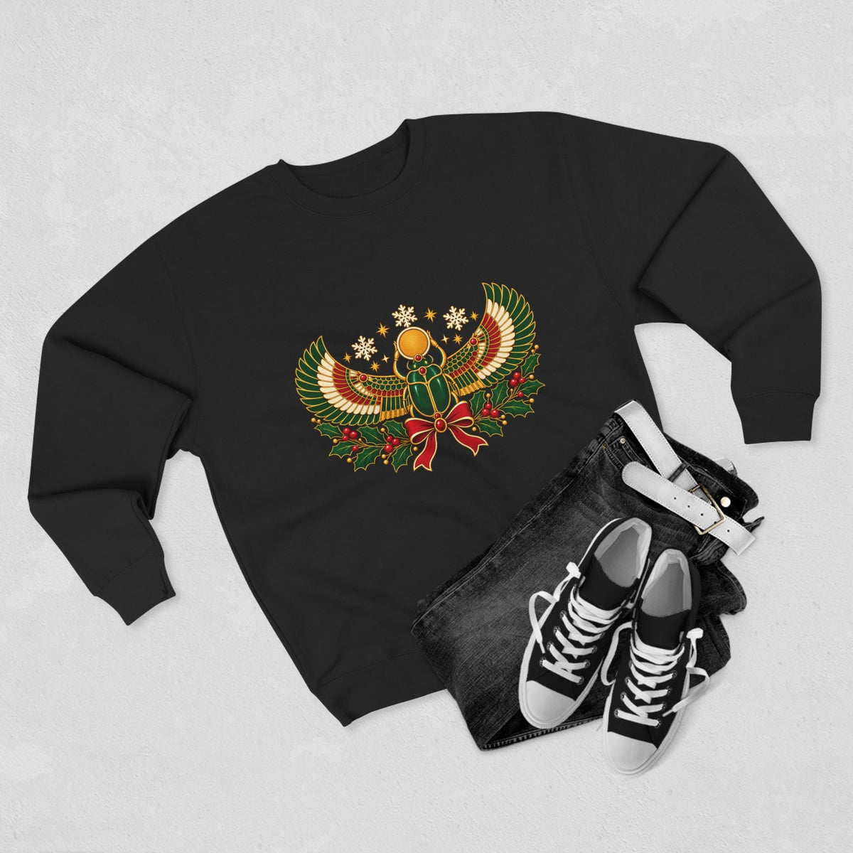 Egyptian Scarab Holiday Sweatshirt — Festive Scarab & Wreath Crewneck Printify