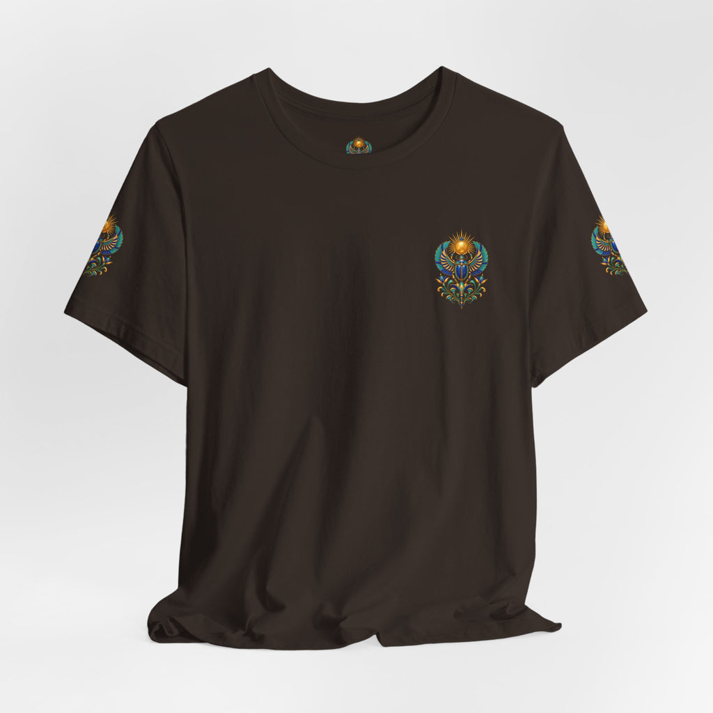 Scarabs & Sun Egyptian Scarab T-Shirt — Golden Sunback Graphic Tee Printify