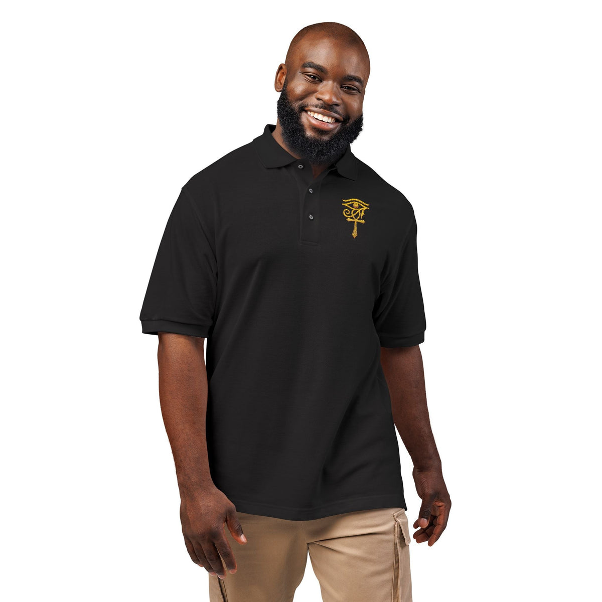Unisex polo with gold Eye of Horus and ankh embroidery