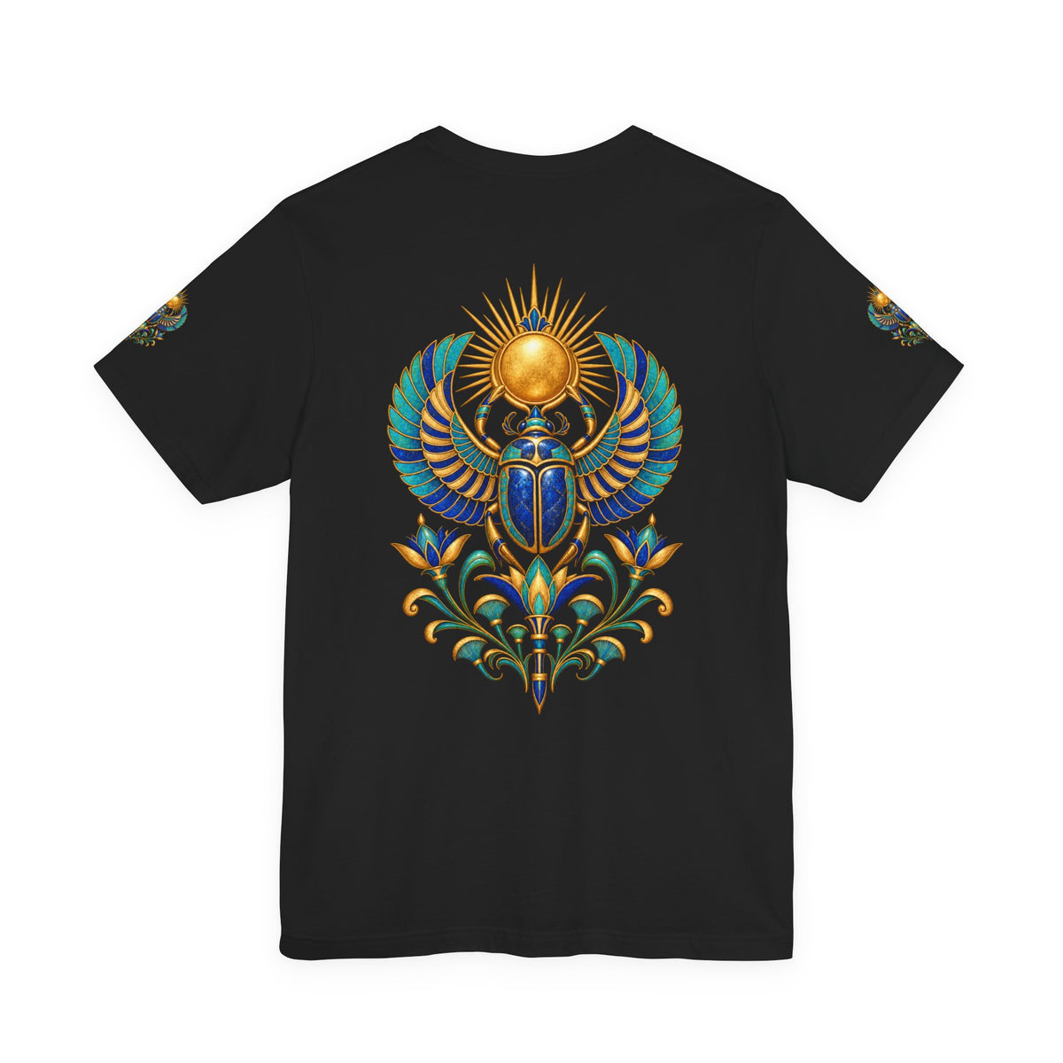 Scarabs & Sun Egyptian Scarab T-Shirt — Golden Sunback Graphic Tee Printify