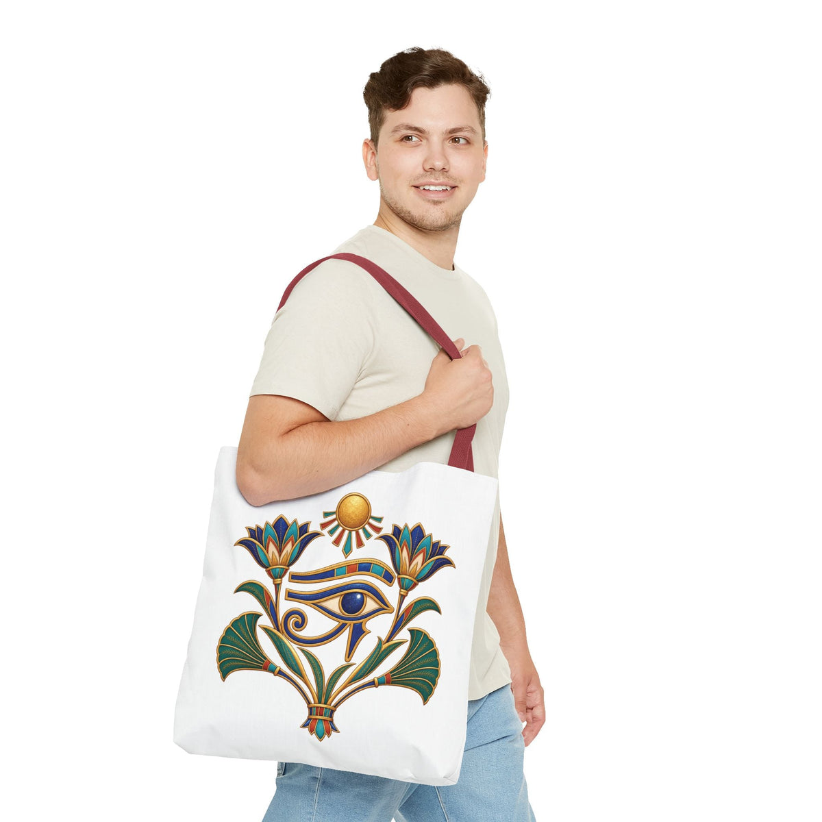 Eye of Horus and lotus Egyptian heritage all-over print tote bag