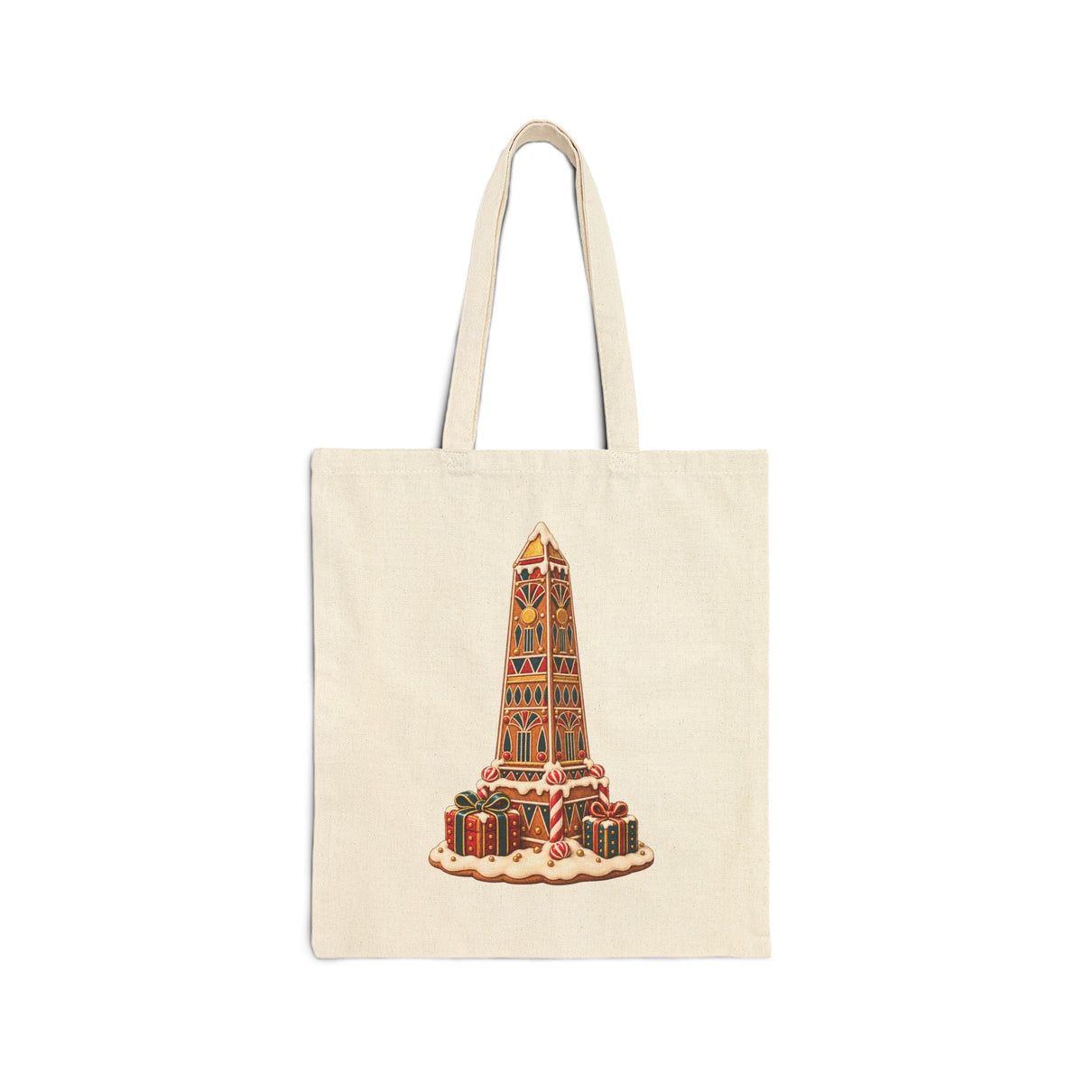 Gingerbread Obelisk Christmas Canvas Tote — Egyptian Holiday Printify