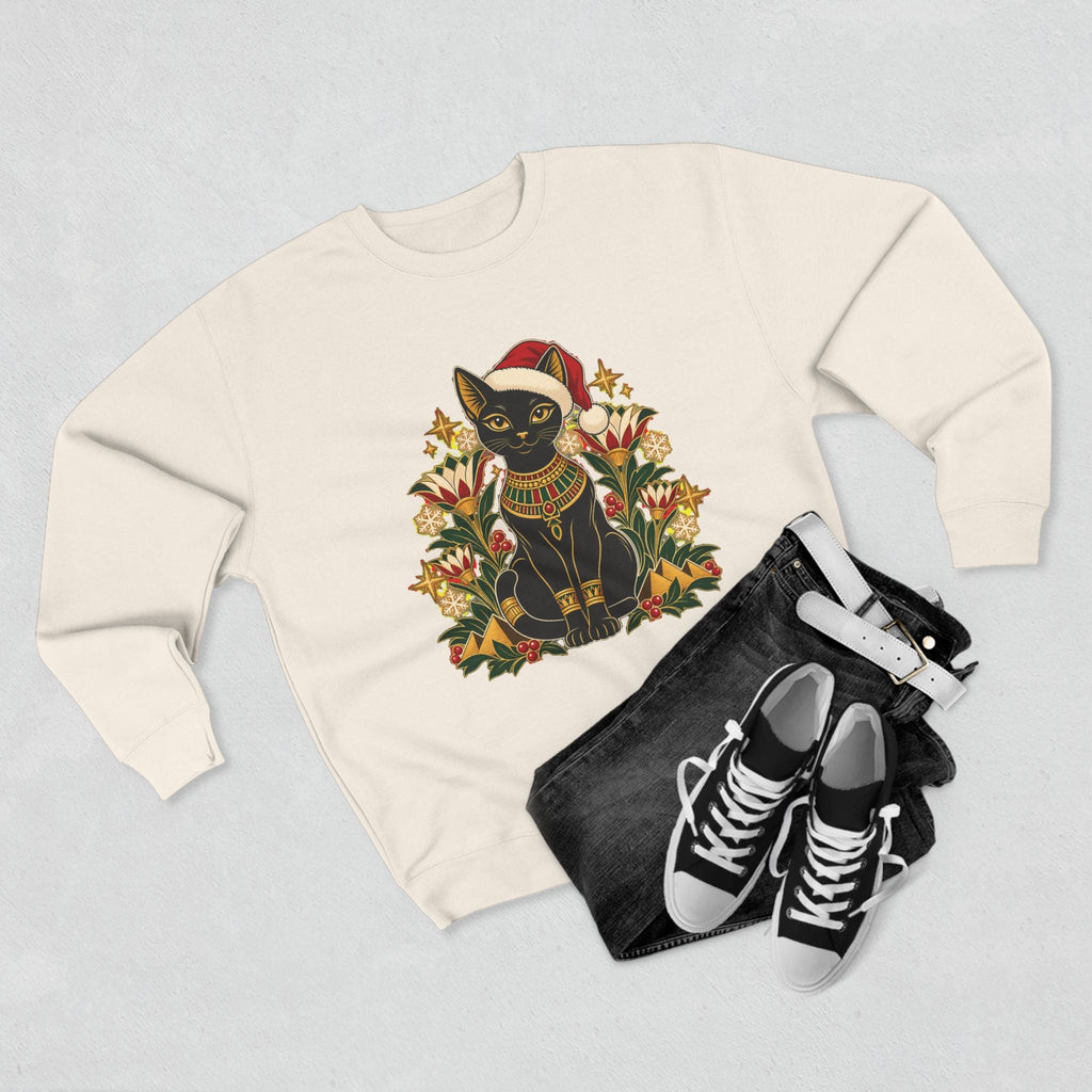 Christmas Black Cat Crewneck Sweatshirt – Festive Egyptian Cat Holiday Pullover Printify