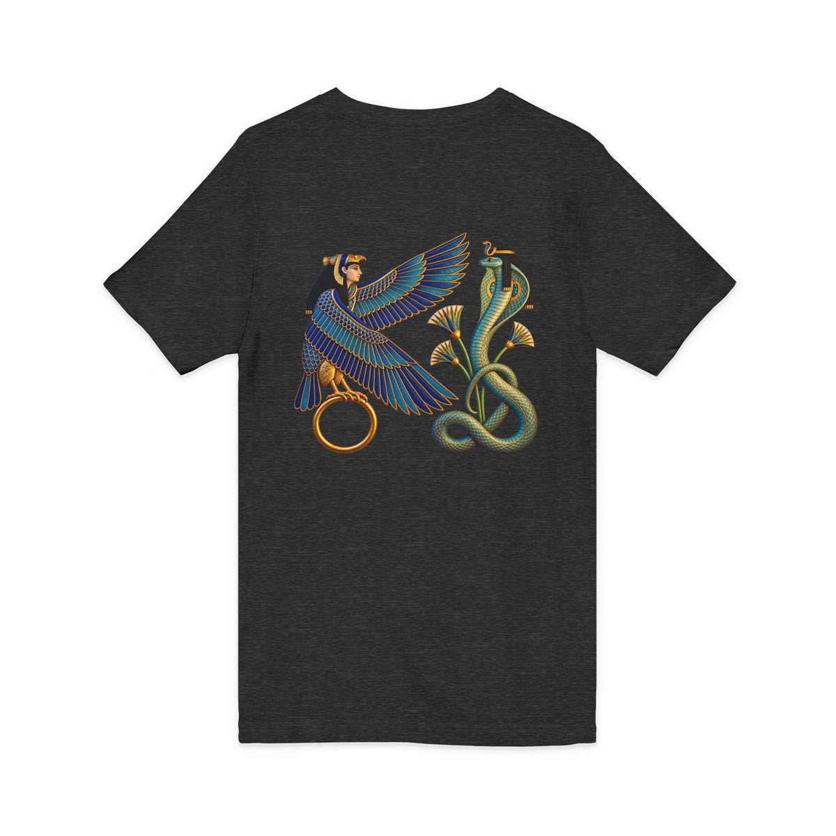 V-neck T-shirt with Egyptian winged figure and cobra artwork