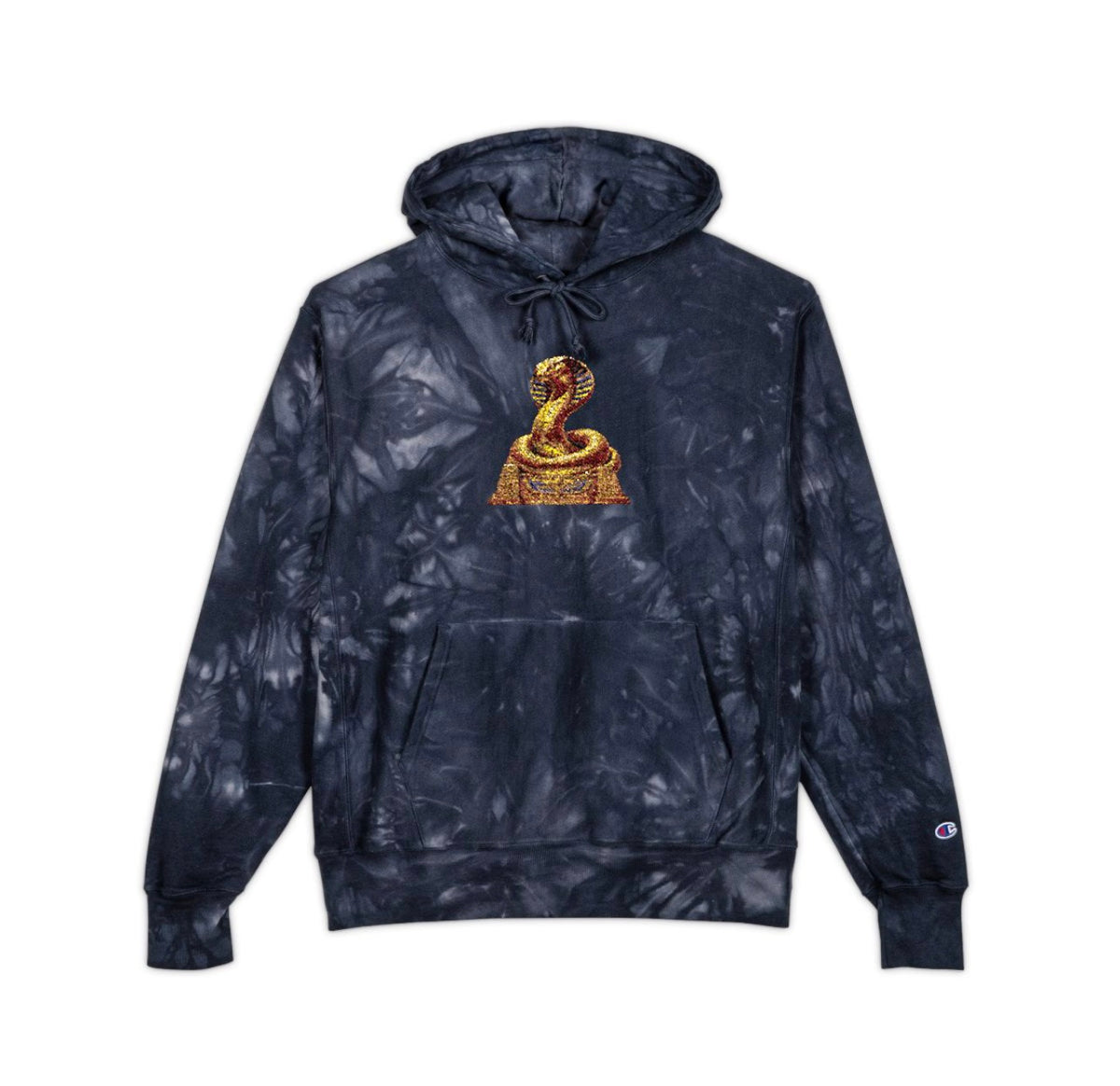 Champion tie-dye pullover hoodie with an embroidered sleeve logo