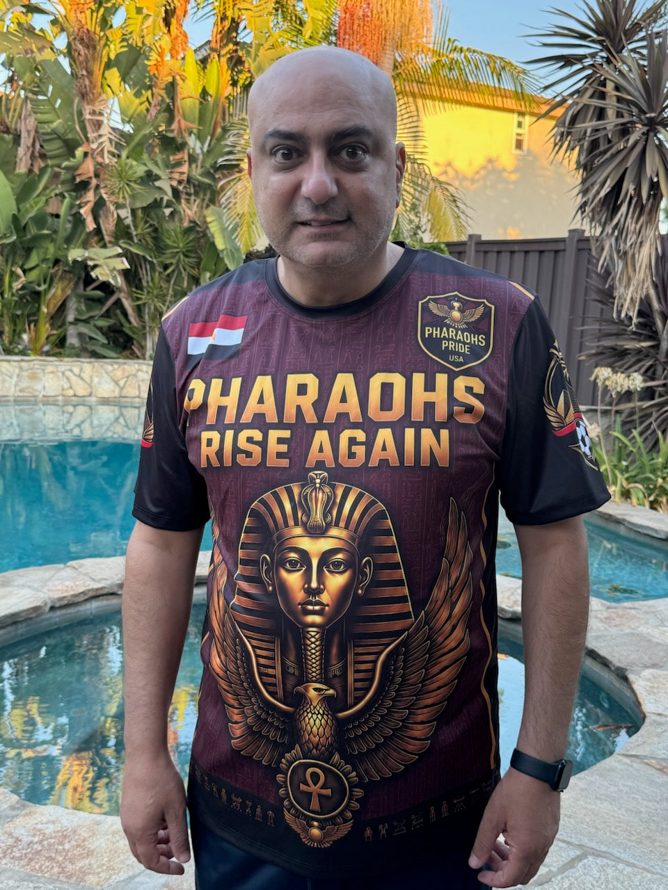 Red-and-gold Egypt football fan jersey by Pharaohs Pride USA in various sizes